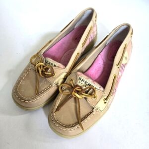 SPERRY Top-Sider Boat Shoes Tan Pink Plaid Sequin Loafer leather sz 7.5